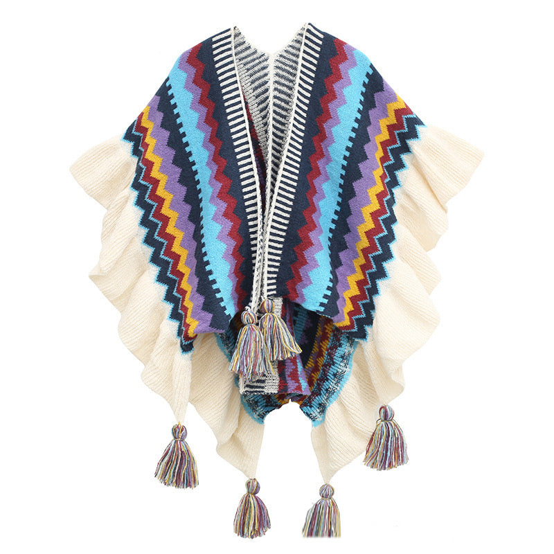 Mantón tibetano de Buddha Stones, bufanda de viaje acogedora de invierno con borlas de línea ondulada a rayas coloridas - Beige, azul y morado, 85 x 135 cm - image 1