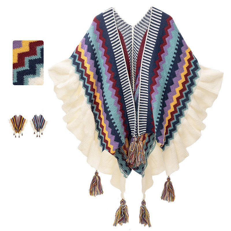 Mantón tibetano de Buddha Stones, bufanda de viaje acogedora de invierno con borlas de línea ondulada a rayas coloridas - image 0