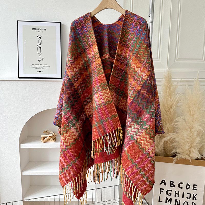 Chal tibetano con Buddha Stones , coloridas formas onduladas a rayas, borlas, bufanda de viaje acogedora para invierno - Morado Naranja Rojo - image 12