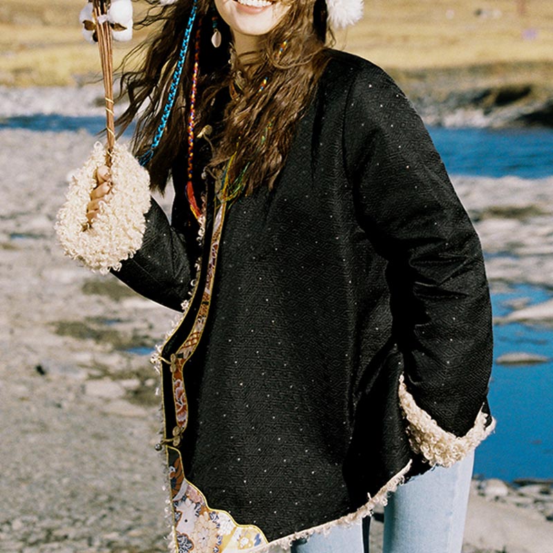 Ropa tibetana de Buddha Stones Lhasa, Top con forro polar, ropa de invierno para mujer