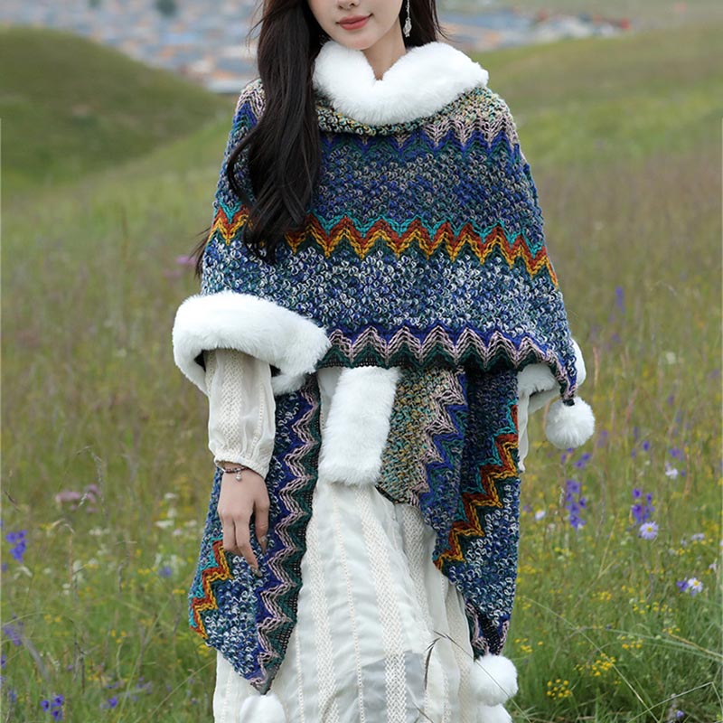 Buddha Stones tibetana multicolor líneas onduladas de punto a rayas chal abrigo invierno acogedor viaje bufanda abrigo - Azul marino 150*106 cm - image 0