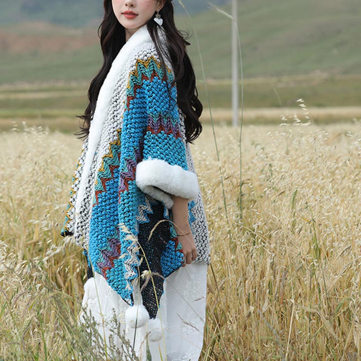 Buddha Stones tibetana multicolor líneas onduladas de punto a rayas chal abrigo invierno acogedor viaje bufanda abrigo - image 10