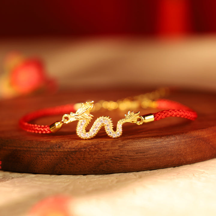 Pulsera de cadena de cuerda roja de la suerte del dragón dorado del Año del Dragón de Plata de Ley 925 con Buddha Stones - Pulsera de cuerda roja de dragón (circunferencia de muñeca: 14-18 cm) - image 0