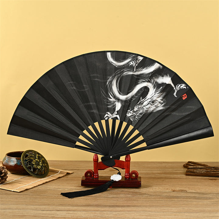 Abanico plegable de mano con Buddha Stones, dragón, Fénix, tigre, grúa, águila, lobo, pez Koi, abanico con borlas de loto