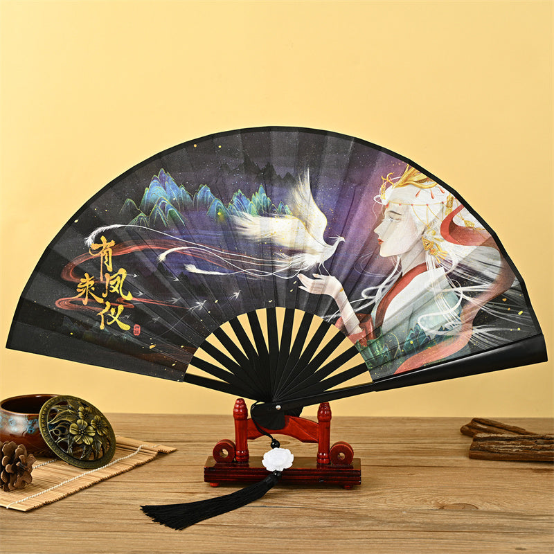 Abanico plegable de mano con Buddha Stones, dragón, Fénix, tigre, grúa, águila, lobo, pez Koi, abanico con borlas de loto