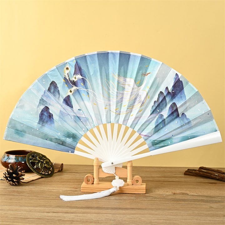 Abanico plegable de mano con Buddha Stones, dragón, Fénix, tigre, grúa, águila, lobo, pez Koi, abanico con borlas de loto