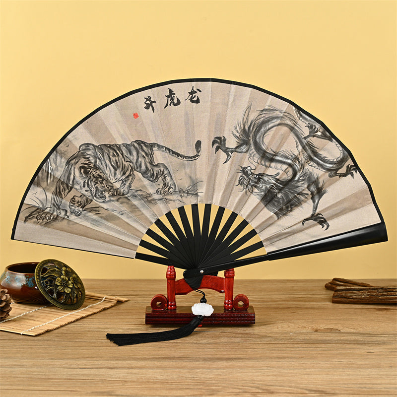 Abanico plegable de mano con Buddha Stones, dragón, Fénix, tigre, grúa, águila, lobo, pez Koi, abanico con borlas de loto