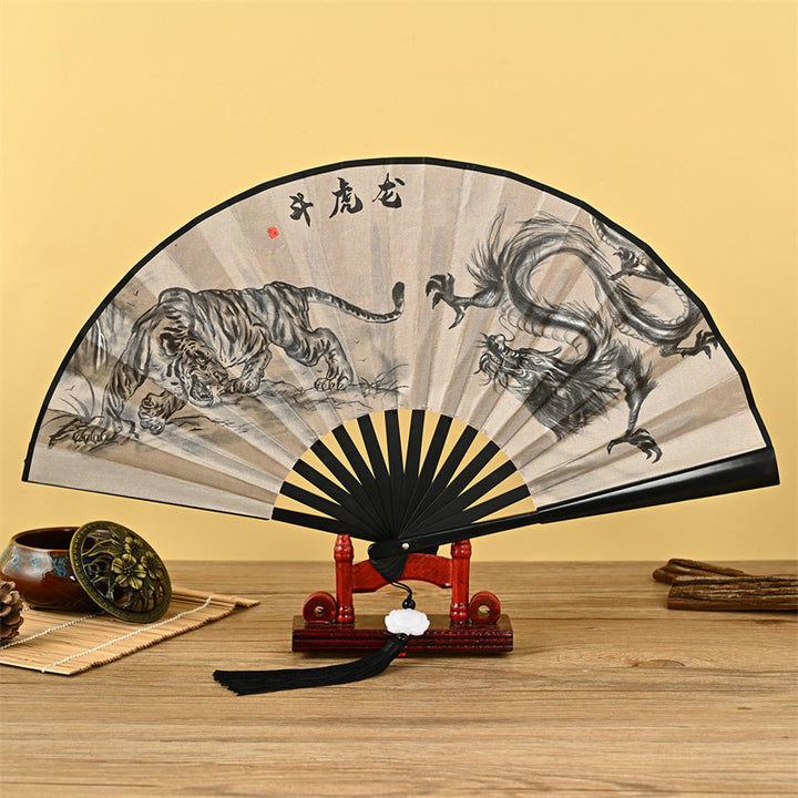 Abanico plegable de mano con Buddha Stones, dragón, Fénix, tigre, grúa, águila, lobo, pez Koi, abanico con borlas de loto