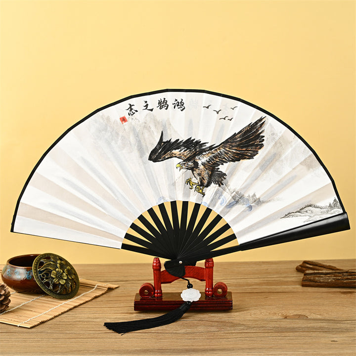 Abanico plegable de mano con Buddha Stones, dragón, Fénix, tigre, grúa, águila, lobo, pez Koi, abanico con borlas de loto