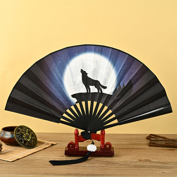 Abanico plegable de mano con Buddha Stones, dragón, Fénix, tigre, grúa, águila, lobo, pez Koi, abanico con borlas de loto
