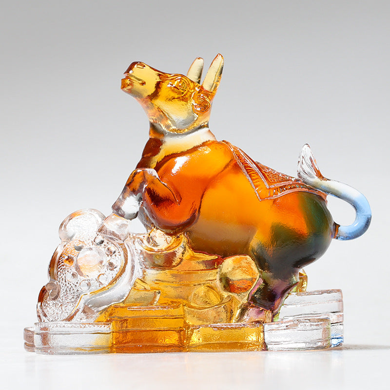 Buddha Stones Año del Dragón hechas a mano 12 Zodíaco chino Liuli pieza de arte con cristal protección decoración de la Oficina del hogar - Buey de aproximadamente 8,5 x 5,5 x 8 cm - image 5