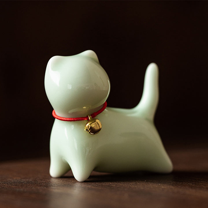 Buddha Stones Mini pequeño gato lindo té mascota cerámica hogar escritorio estatuilla decoración - Gato de pie 5*2,5*4,5 cm - Verde - image 2