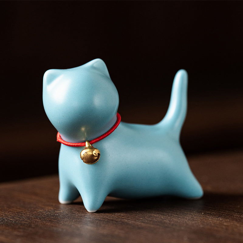 Buddha Stones Mini pequeño gato lindo té mascota cerámica hogar escritorio estatuilla decoración - Gato de pie 5*2,5*4,5 cm - Azul - image 10
