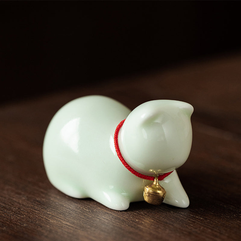 Buddha Stones Mini pequeño gato lindo té mascota cerámica hogar escritorio estatuilla decoración - Gato sentado 5*3*3cm - Verde - image 15