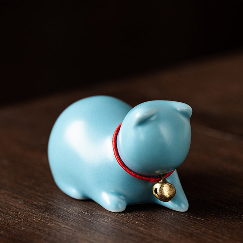 Buddha Stones Mini pequeño gato lindo té mascota cerámica hogar escritorio estatuilla decoración - Gato sentado 5*3*3cm - Azul - image 21