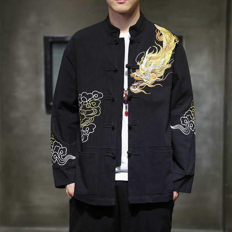 Ropa de bordado de nubes propicias de dragón de Buddha Stones , chaqueta de traje chino, ropa para hombres - Negro - US/UK/AU48，EU58(5XL) - image 0