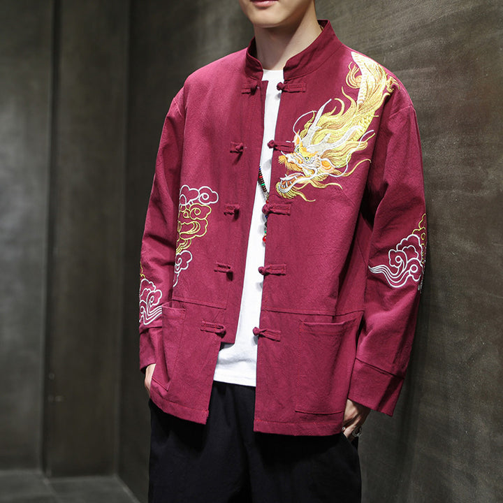 Ropa de bordado de nubes propicias de dragón de Buddha Stones , chaqueta de traje chino, ropa para hombres - Rojo - US/UK/AU48，EU58(5XL) - image 13
