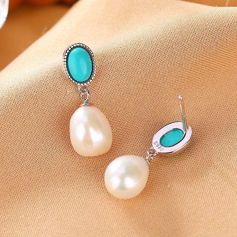 Buddha Stones Plata de Ley 925 Perla Turquesa Curación Sabiduría Collar Colgante Anillo Pendientes - Pendientes - image 10