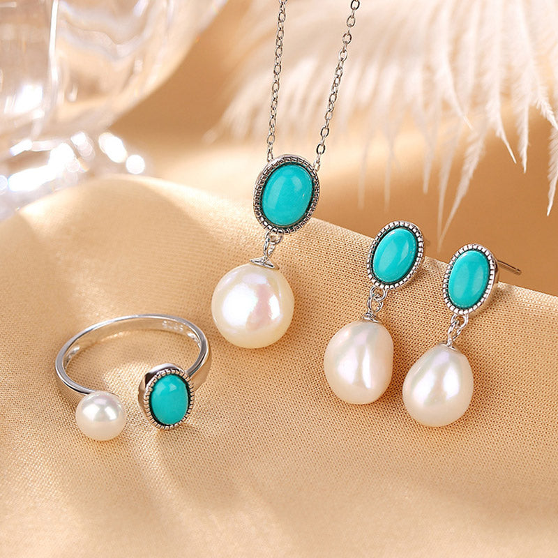 Buddha Stones Plata de Ley 925 Perla Turquesa Curación Sabiduría Collar Colgante Anillo Pendientes - Conjunto (Collar+Anillo+Pendientes) - image 0