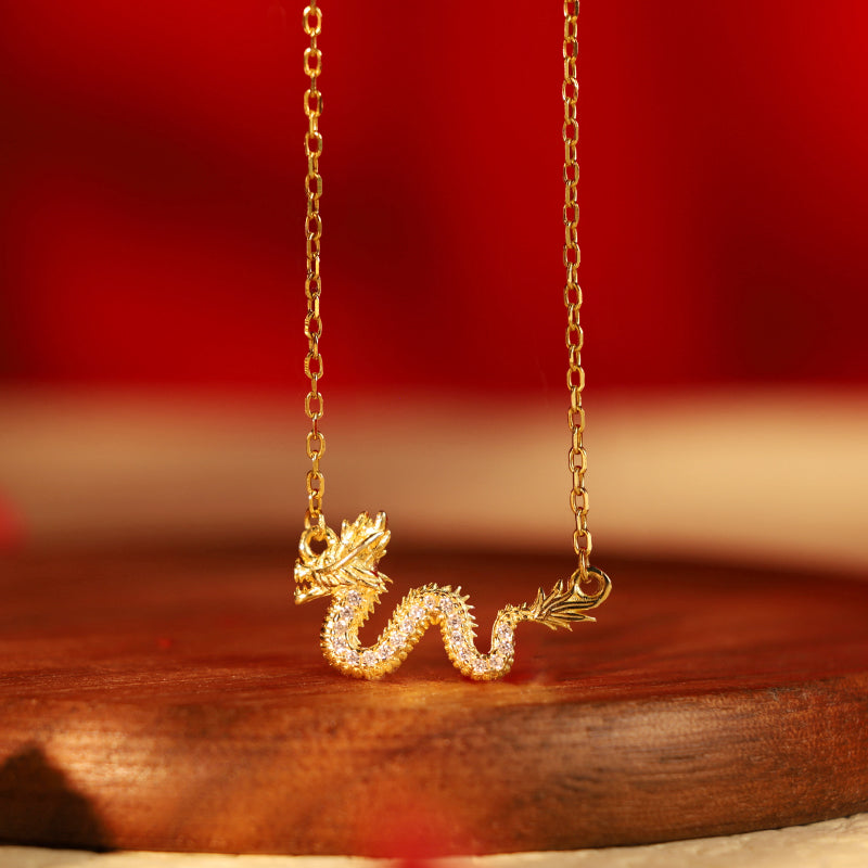 Buddha Stones de Plata de Ley 925, colgante de cadena de la suerte del Año del Dragón, dragón dorado auspicioso - 4,78 g - image 0