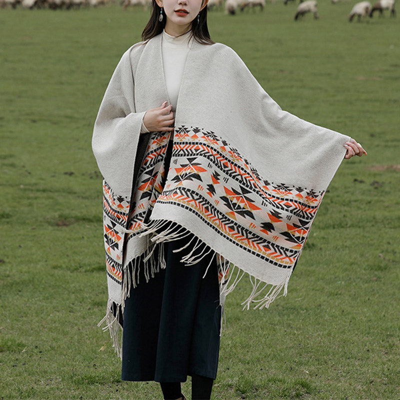 Mantón tibetano de Buddha Stones, geometría colorida, bufanda de viaje acogedora para invierno - Marrón beige 150*130 cm - image 0