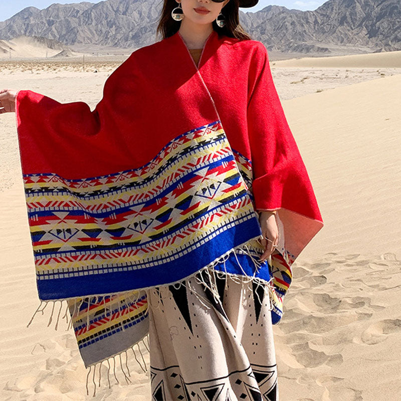 Mantón tibetano de Buddha Stones, geometría colorida, bufanda de viaje acogedora para invierno - Rojo 150*130 cm - image 13