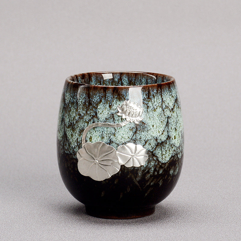 Buddha Stones, hoja de flor de loto plateada, taza de té de cerámica china Jianzhan, taza de té de Kung Fu 150ml