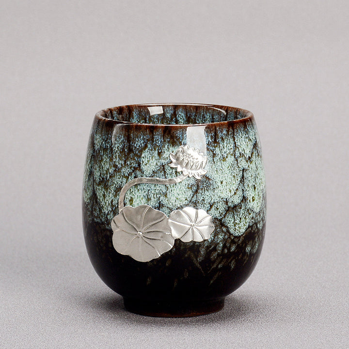 Buddha Stones, hoja de flor de loto plateada, taza de té de cerámica china Jianzhan, taza de té de Kung Fu 150ml