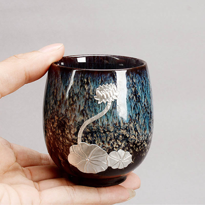 Buddha Stones, hoja de flor de loto plateada, taza de té de cerámica china Jianzhan, taza de té de Kung Fu 150ml