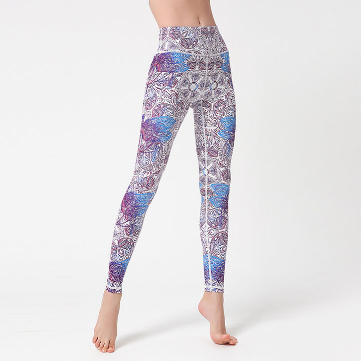 Buddha Stones Flores Hojas Pájaros Pantalones Deportes Fitness Yoga Leggings Mujer Yoga Pantalones - Morado Azul Blanco - US8-10, UK/AU12-14, EU40-42 (XL) - image 0
