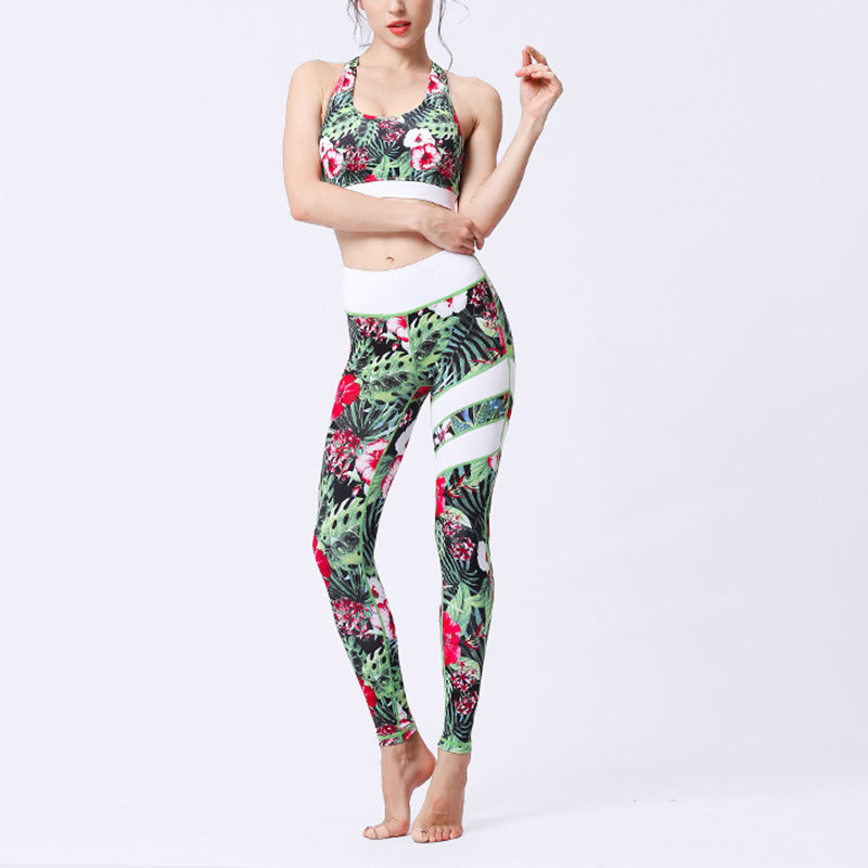 Buddha Stones 2 piezas girasol flores hojas top pantalones deportes fitness yoga mujeres yoga conjuntos - Flores verdes y rojas - US8-10, UK/AU12-14, EU40-42 (XL)  - image 4