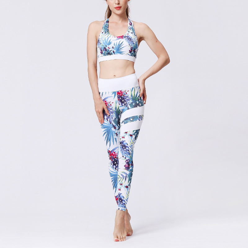 Buddha Stones 2 piezas girasol flores hojas top pantalones deportes fitness yoga mujeres yoga conjuntos - Árbol azul y blanco - US8-10, UK/AU12-14, EU40-42 (XL)  - image 9