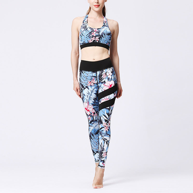 Buddha Stones 2 piezas girasol flores hojas top pantalones deportes fitness yoga mujeres yoga conjuntos - Hojas azules y flores rosas - US8-10, UK/AU12-14, EU40-42 (XL)  - image 21
