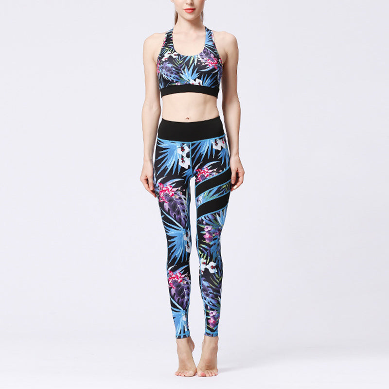 Buddha Stones 2 piezas girasol flores hojas top pantalones deportes fitness yoga mujeres yoga conjuntos - Hojas negras y azules - US8-10, UK/AU12-14, EU40-42 (XL)  - image 32