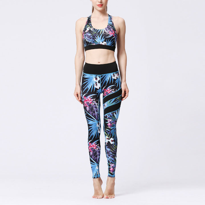 Buddha Stones 2 piezas girasol flores hojas top pantalones deportes fitness yoga mujeres yoga conjuntos - Hojas negras y azules - US8-10, UK/AU12-14, EU40-42 (XL)  - image 32