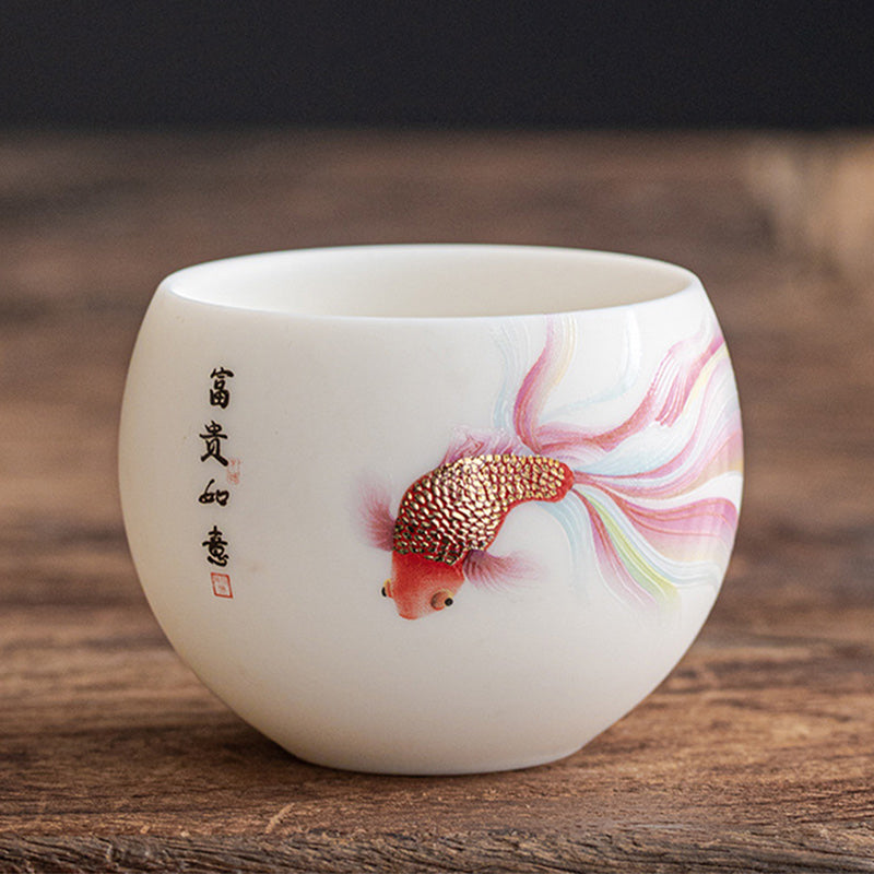 Taza de té de cerámica de porcelana blanca, pez Koi, Buddha Stones, taza de té de Kung Fu - Peces koi - 7,6 cm x 5,7 cm x 150 ml - image 0