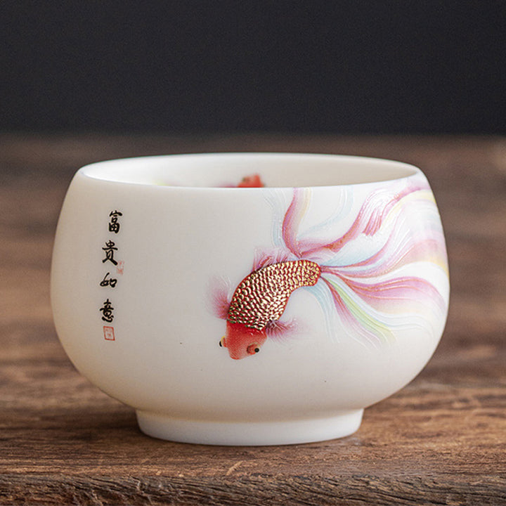 Taza de té de cerámica de porcelana blanca, pez Koi, Buddha Stones, taza de té de Kung Fu - Peces koi - 8,7 cm x 5,8 cm x 200 ml - image 1