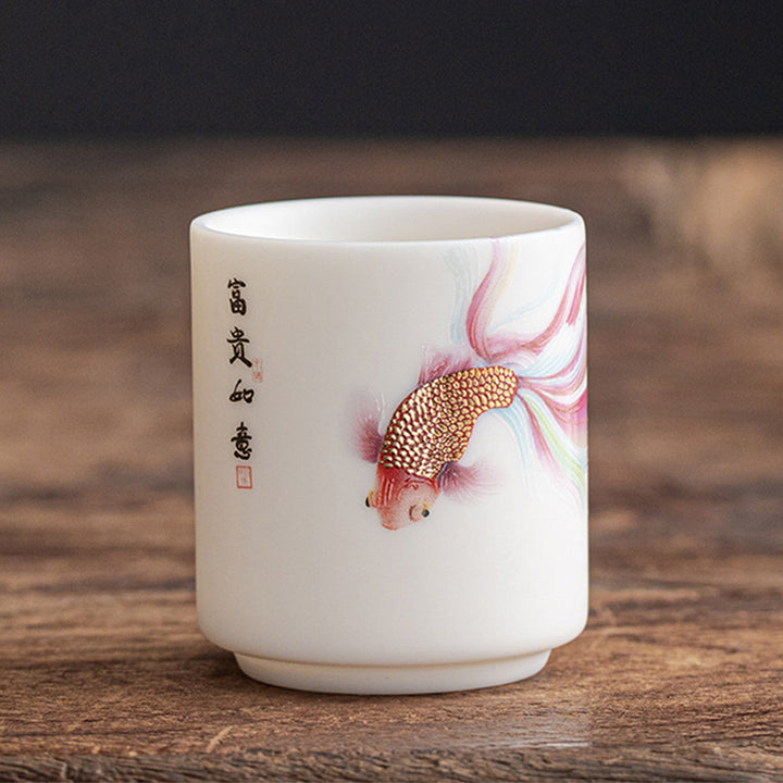 Taza de té de cerámica de porcelana blanca, pez Koi, Buddha Stones, taza de té de Kung Fu - Peces koi - 5,3 cm x 6 cm x 80 ml - image 14