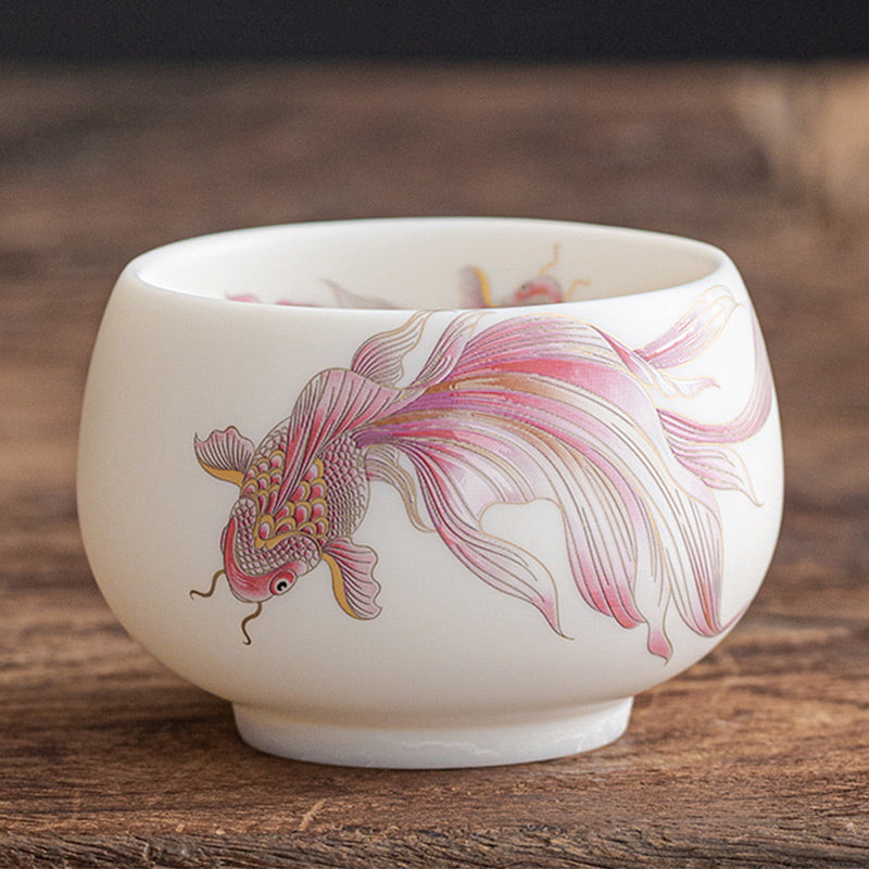 Taza de té de cerámica de porcelana blanca, pez Koi, Buddha Stones, taza de té de Kung Fu - Pez koi rojo - 8,7 cm x 5,8 cm x 200 ml - image 16