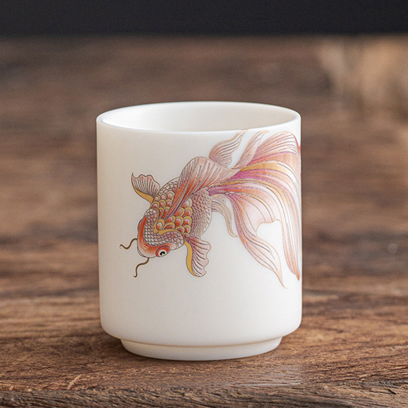 Taza de té de cerámica de porcelana blanca, pez Koi, Buddha Stones, taza de té de Kung Fu - Pez koi rojo - 5,3 cm x 6 cm x 80 ml - image 18
