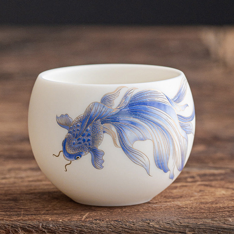 Taza de té de cerámica de porcelana blanca, pez Koi, Buddha Stones, taza de té de Kung Fu - Pez koi azul - 7,6 cm x 5,7 cm x 150 ml - image 19