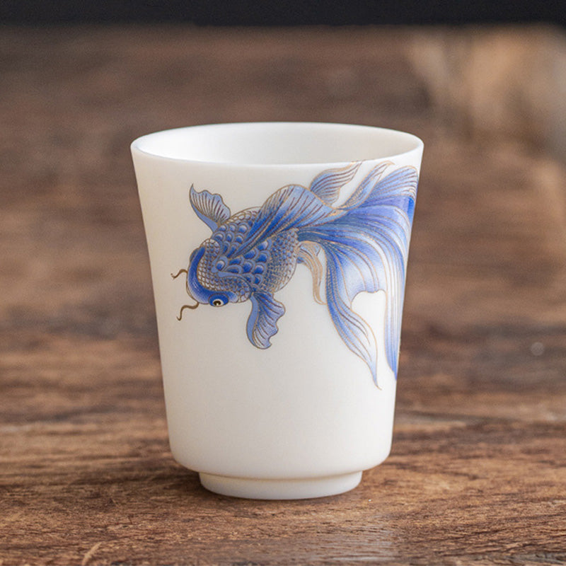 Taza de té de cerámica de porcelana blanca, pez Koi, Buddha Stones, taza de té de Kung Fu - Pez koi azul - 5,2 cm x 6,3 cm x 65 ml - image 23