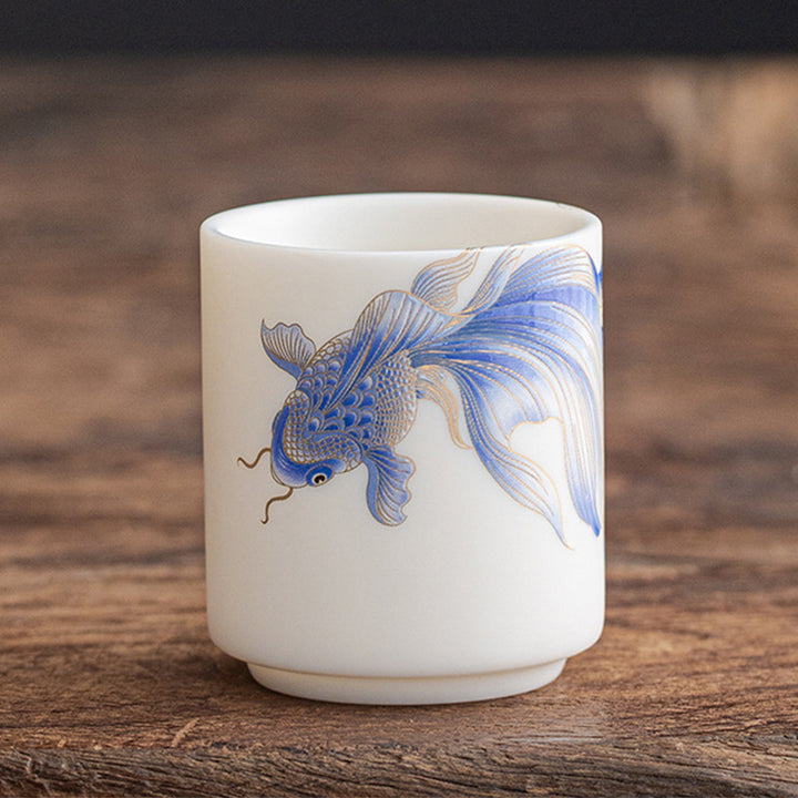 Taza de té de cerámica de porcelana blanca, pez Koi, Buddha Stones, taza de té de Kung Fu - Pez koi azul - 5,3 cm x 6 cm x 80 ml - image 25