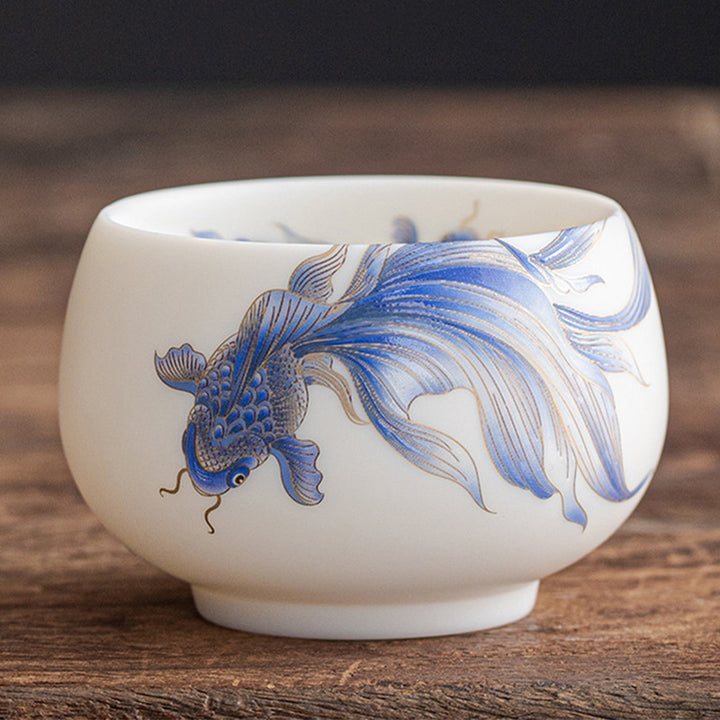 Taza de té de cerámica de porcelana blanca, pez Koi, Buddha Stones, taza de té de Kung Fu - Pez koi azul - 8,7 cm x 5,8 cm x 200 ml - image 21