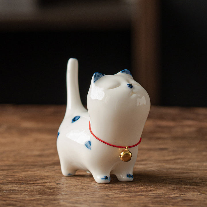 Mini gato blanco de la suerte, Buddha Stones , gatito, té, mascota, cerámica, decoración de escritorio para el hogar - Gatito blanco (estilo campana) 8,9 cm x 3,7 cm x 7,6 cm - image 0