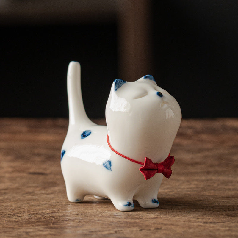 Mini gato blanco de la suerte, Buddha Stones , gatito, té, mascota, cerámica, decoración de escritorio para el hogar - Gatito blanco (estilo lazo rojo) 8,9 cm x 3,7 cm x 7,6 cm - image 13