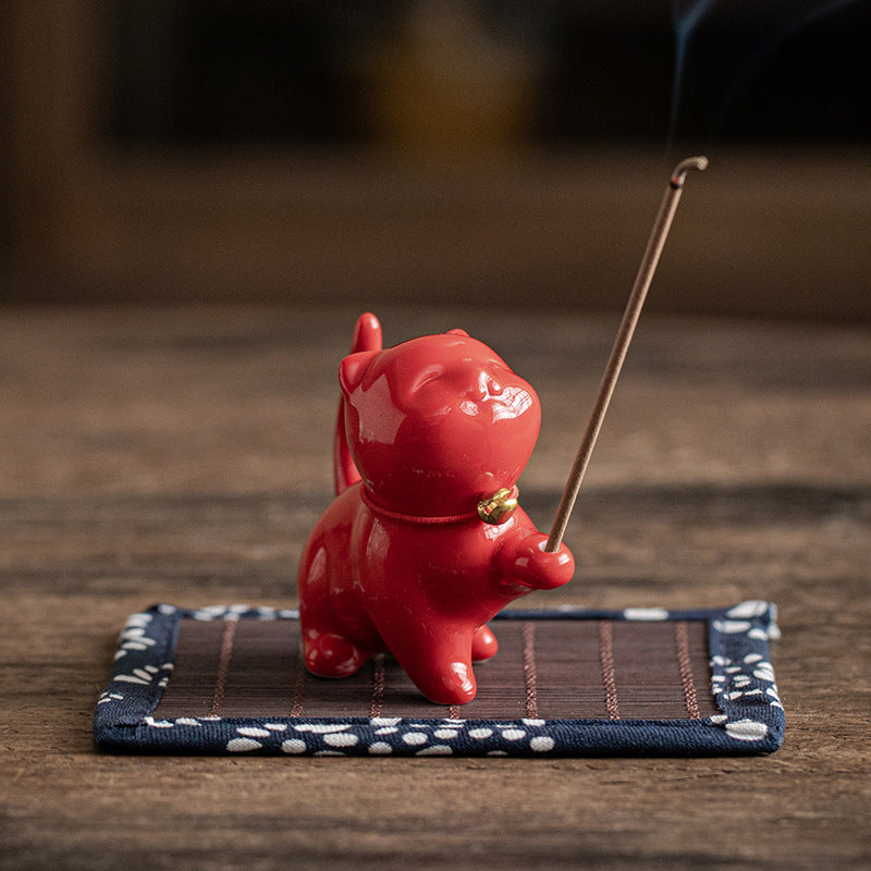 Mini gato de la suerte, Buddha Stones, gatito, té, mascota, cerámica, decoración de escritorio para el hogar con estera de Bambú - Gatito rojo 6,2 cm x 3,2 cm x 5,6 cm - image 16