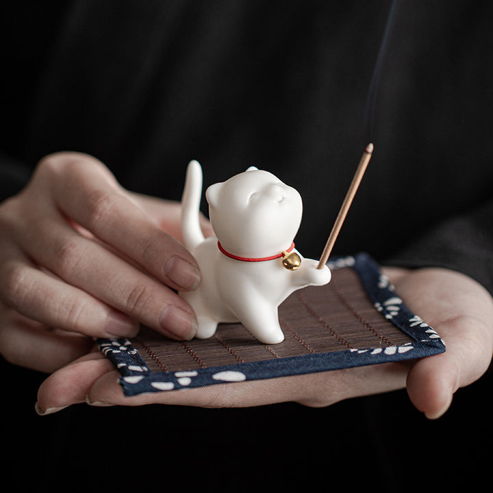 Mini gato de la suerte, Buddha Stones, gatito, té, mascota, cerámica, decoración de escritorio para el hogar con estera de Bambú - image 3