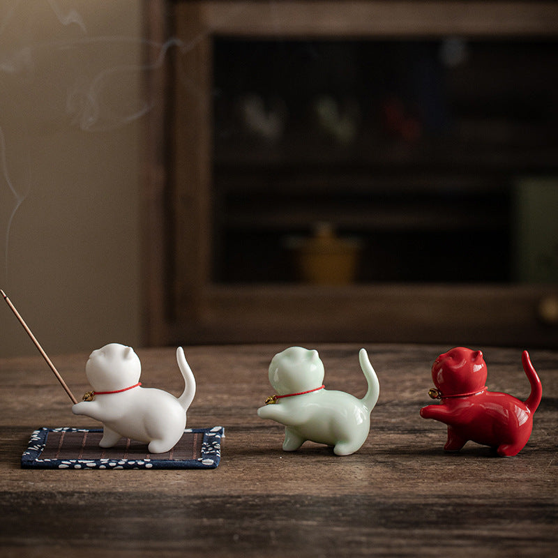Mini gato de la suerte, Buddha Stones, gatito, té, mascota, cerámica, decoración de escritorio para el hogar con estera de Bambú - image 17