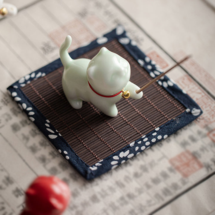 Mini gato de la suerte, Buddha Stones, gatito, té, mascota, cerámica, decoración de escritorio para el hogar con estera de Bambú - image 14